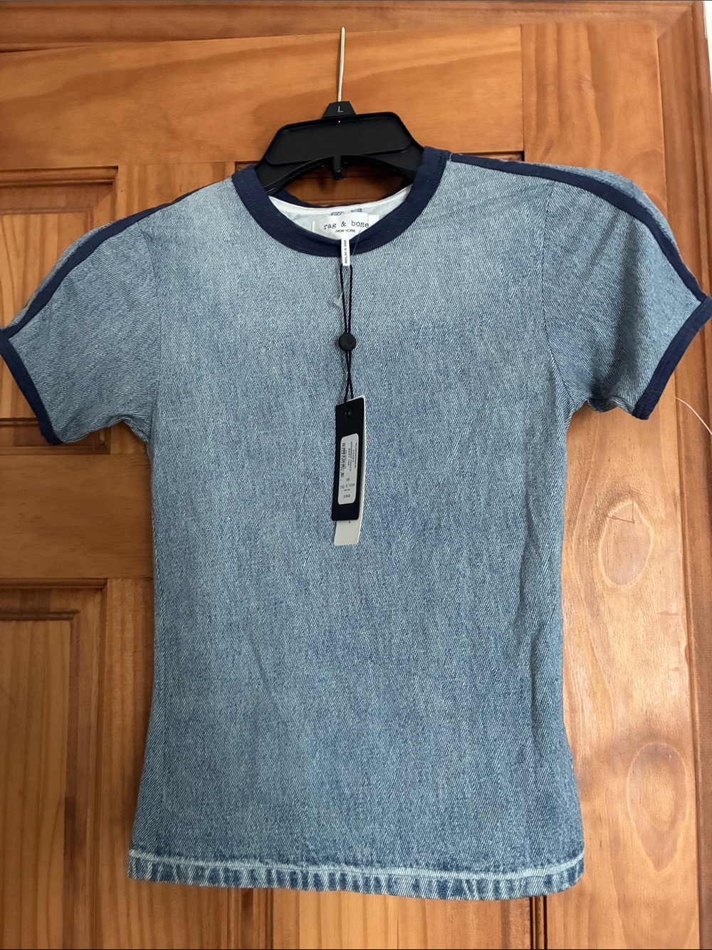 rag & bone Light Denim-Textured Short-Sleeve Tee with Navy Trim